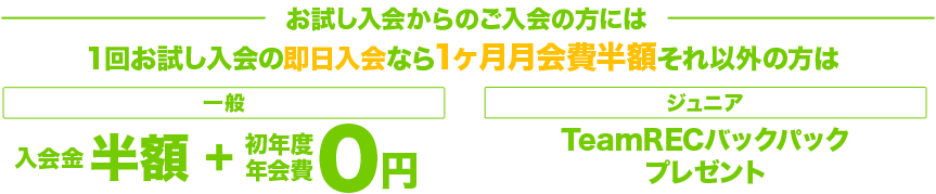 お試し入会からのスタートも入会金・年会費無料　月会費1ヶ月無料 Jr.にはTeamRECバックパックプレゼント